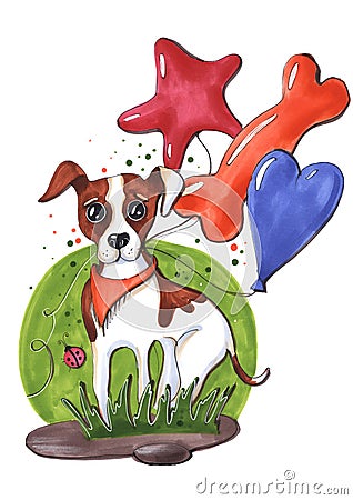 Cartoon children`s style sketch with a funny dog â€‹â€‹breed jack russell terrier sitting holding balloons multicolored heart bon Cartoon Illustration